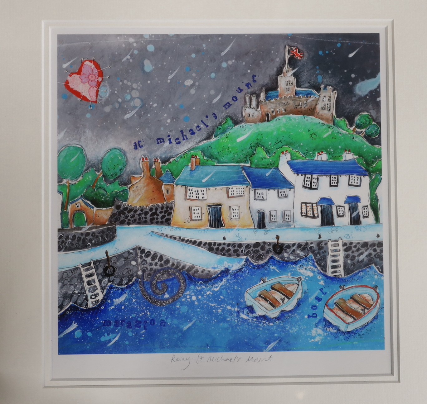 Rebecca Morse (Modern British) three pen, ink and watercolours, Polperro Festival, a poster design, The Seagulls of Polperro and St Michaels Mount, 33 x 42cm (3)